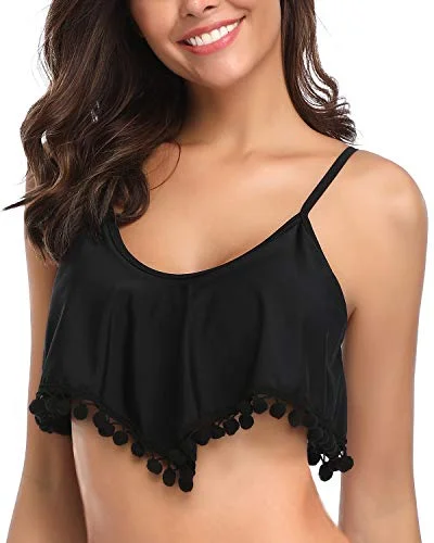 Women's Knot Tie Ruffle Flounce Push Up Bikini Top-Black