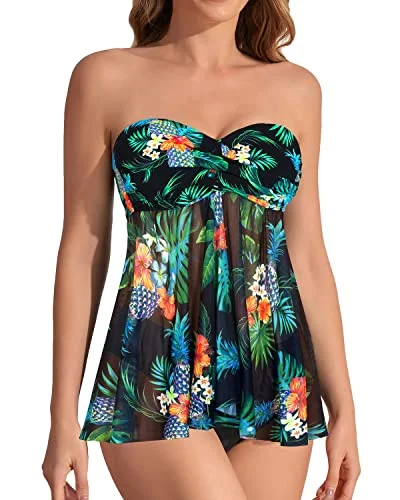 Flyaway Halter Bandeau Tankini For Women Mid Rise Bottoms-Black Pineapple