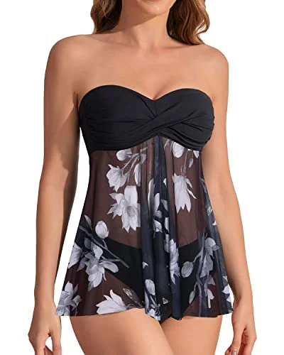 Halter Flyaway Tankini Set For Women Mid Rise Bikini Bottom-Black