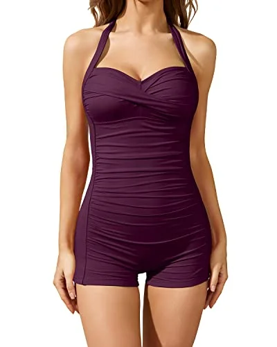 Women Tummy Control One Piece Swimsuits Shorts Boyleg-Maroon