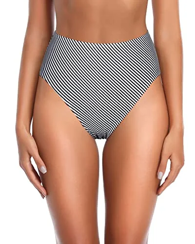 Ruched High Cut Bikini Bottoms Tummy Control For Women-Black And White Stripe