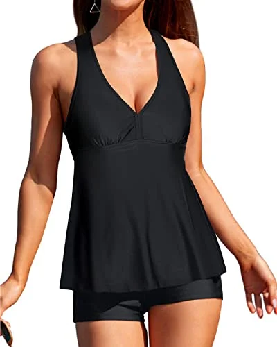 Women's Sexy V Neck 2 Piece Tankini Shorts-Black