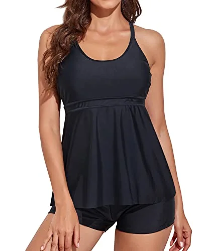 2 Piece Tummy Control Tankini Boyshorts Swimsuit-Black