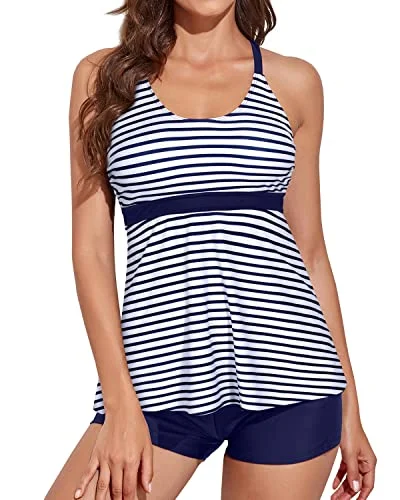 Chic Flowy Tankini Sets Shorts For A Beach Vacation-Blue White Stripe