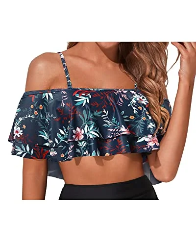 Women's Off Shoulder Ruffle Bikini Tops Flounce Swimwear Tops