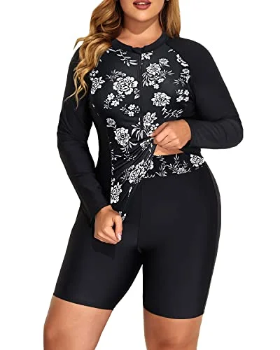 Full Body Coverage Rash Guard 2 Piece Plus Size Long Sleeve Rash Guard-Black And White Flo