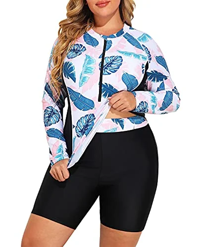 Plus Size Long Sleeve Zip-Front Rash Guard Swimwear For Ladies-White Leaf