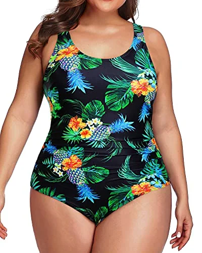 Versatile Plus Size One Piece Swimwear For Activities-Black Pineapple