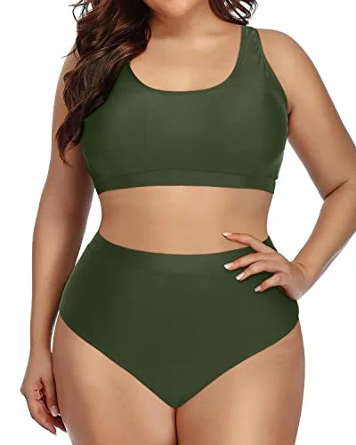 Modest Sporty Bikini Swimsuit Unique Shoulder Straps For Plus Size-Army Green