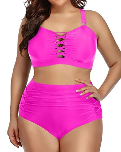 Tummy Control High Waisted Plus Size Bikini Set For Women-Neon Pink