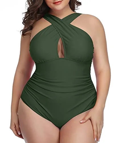 Vintage Floral Plus Size Swimwear One Piece Keyhole-Army Green