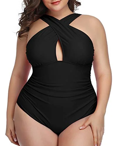 Sexy Tummy Control Front Cross Swimsuits For Women-Black