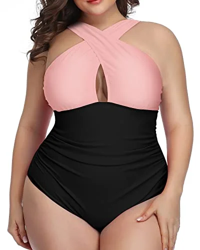 Vintage Keyhole Tummy Control One Piece Bathing Suits-Pink And Black