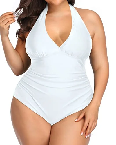 Halter Backless Tummy Control One Piece Bathing Suits-White