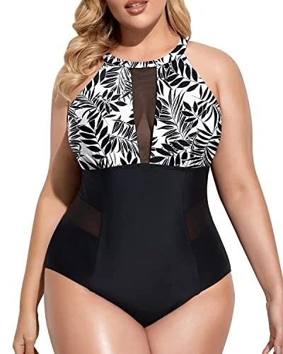 Tummy Control Cut Out Monokini Swimsuit For Plus Size Women-Black Leaves