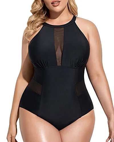 Sleek High-Neck Plus Size Swimwear Tummy Control For Curvy Women-Black