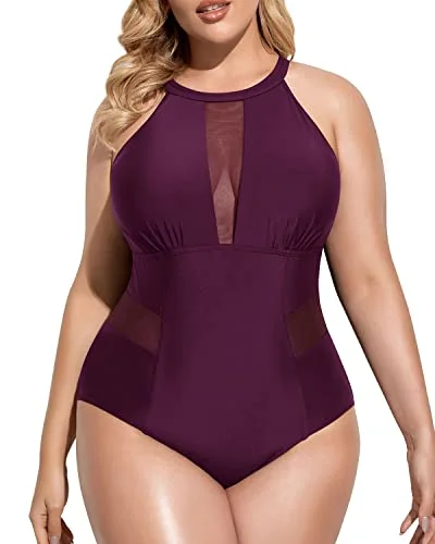 Stylish Open-Back Plus Size One Piece Swimsuit For Curvy Women-Maroon