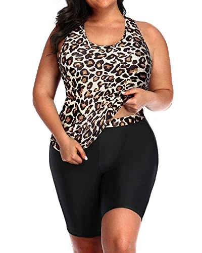 Plus Size Unitard Swimsuit Racerback And Boyshort For Women-Black And Leopard