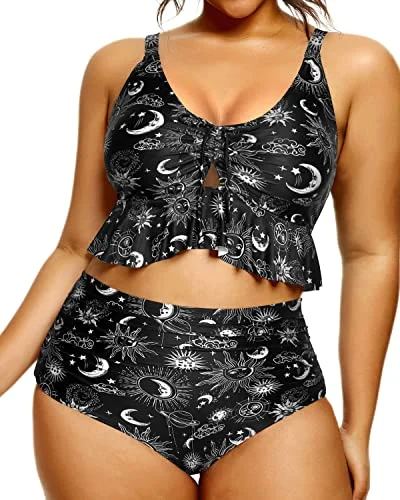 Keyhole Flounce High Waisted Ruched Bikini-Black Sun And Moon