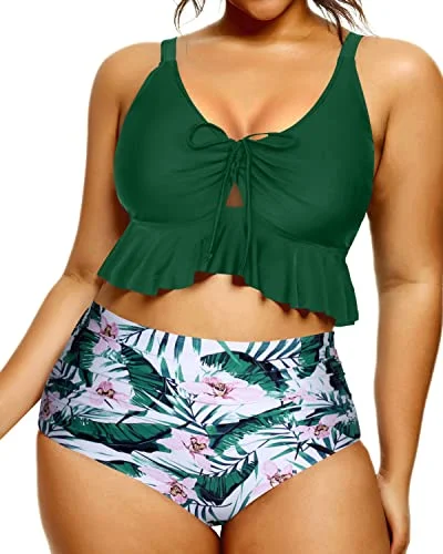 Adjustable Drawstring Two Piece Bikini For Curvy Women-Green Tropical Floral