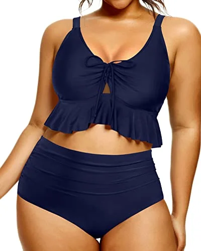 Two Piece Retro Plus Size Flounce High Waisted Bikini Set-Navy Blue