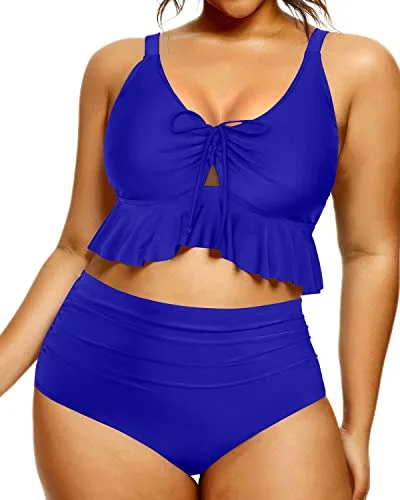 Adjustable Tie-Knot Front Bikini For Plus Size Women-Royal Blue