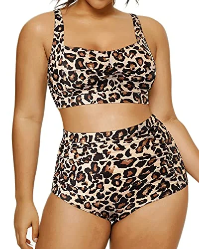 Plus Size Retro Bikini Open Back Two Piece Swimsuit For Curvy Women-Leopard