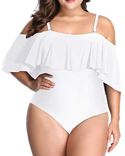 Chic Flounce Overlay Bathing Suit For Women Plus Size One Piece-White