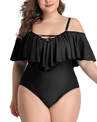 Adjustable Strap Plus Size Flounce Bathing Suits For Curvy Women-Black