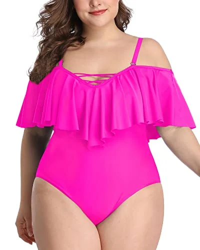 Flattering Tummy Control Cold Shoulder Plus Size Bathing Suits-Neon Pink