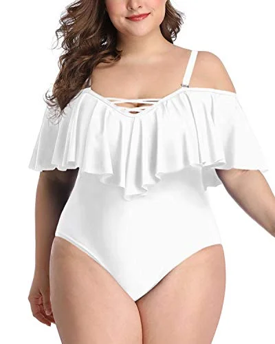 Sexy Lace-Up Plus Size Off The Shoulder Swimwear Removable Straps-White