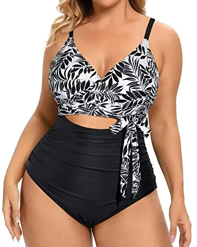 Trendy High Waisted Cutout Open Back Swimwear For Women-Black Leaves