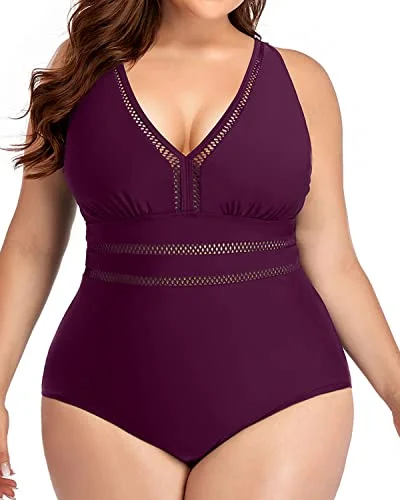 Elegant Plus Size Hollow Out V Neck Swimsuit-Maroon