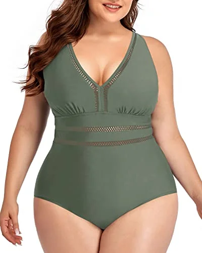 V-Neck Backless See Through Plus Size One Piece Swimwear-Olive Green