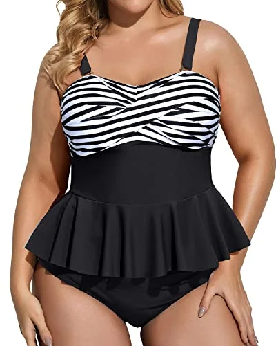 Twist Front Removable Strap Two Piece Plus Size Swimsuit-Black And White Stripe