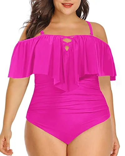 Adjustable Strap Ruffled Plus Size One Piece Swimsuits-Neon Pink