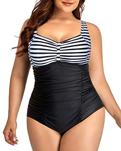 Adjustable Strap Tummy Control One Piece Swimsuit For Women-Black And White Stripe