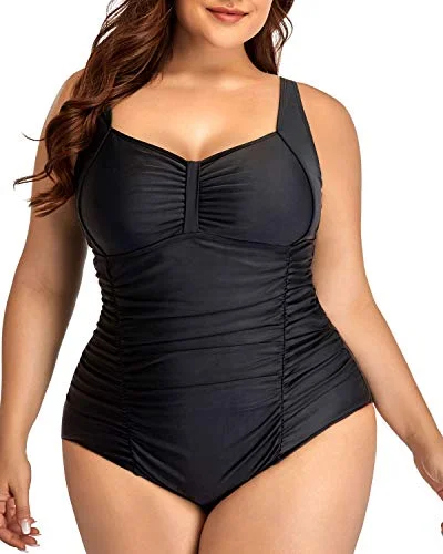 High Cut Vintage One Piece Swimsuits For Plus Size Women-Black