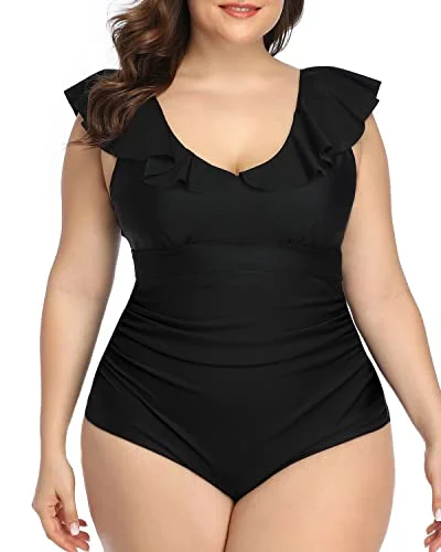 U-Shaped Back Plus Size One Piece Swimsuits For Curvy Women-Black