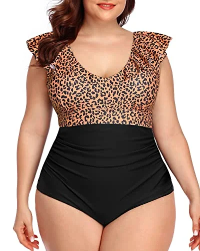 U-Shaped Back Plus Size V-Neck One Piece-Brown Lepoard