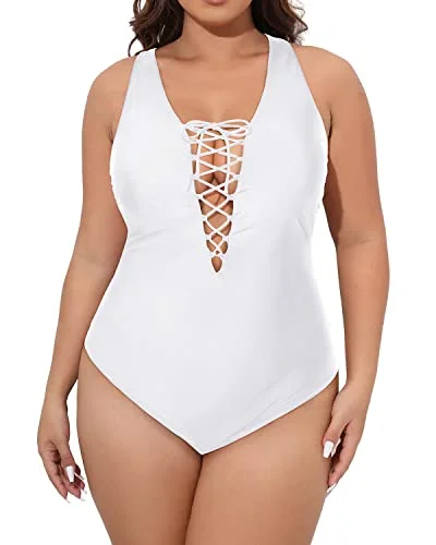 Sexy Plunge Neckline Plus Size One Piece Swimsuits For Women-White