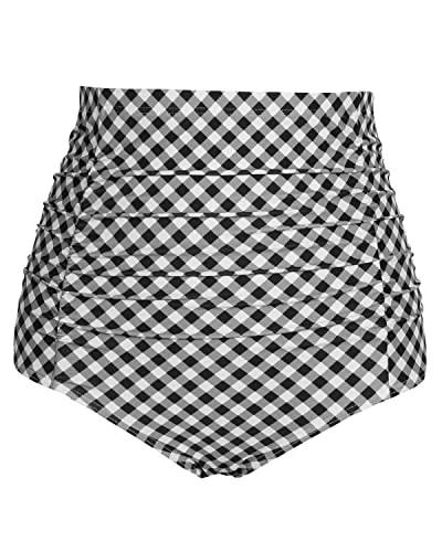 Retro High Waisted Swim Bottom For Women-Black White Plaid