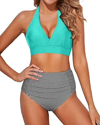 Flattering Two Piece Bikini Set High Waisted Bottoms 2 Piece Bikini Bathing Suits-Aqua Stripe