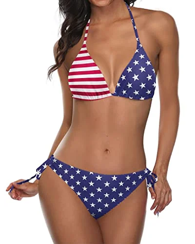 Halter Padded Top Tie Side Cheeky Triangle Bikini Bathing Suit-Flag