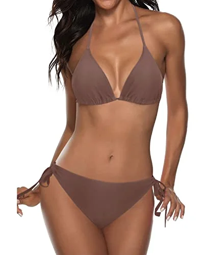 Halter Padded Top Tie Side Bottom Triangle Push Up Bikini-Light Brown