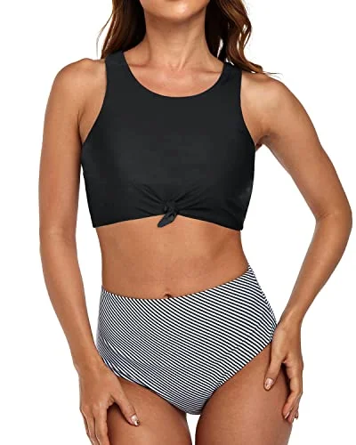 Vintage High Waisted Bikini Set Crop Top For Women-Black Stripe