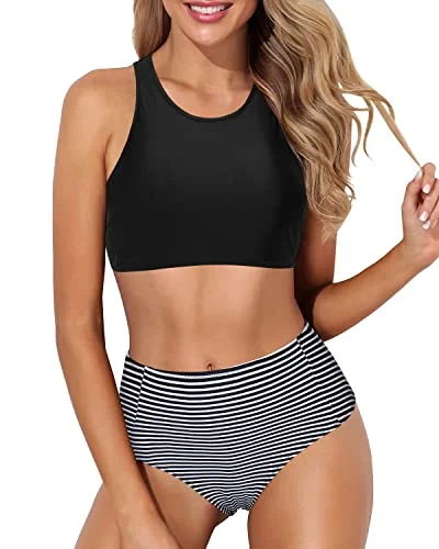 Racerback High Neck Sporty Bikini Set High Waisted Bottom-Black Stripe