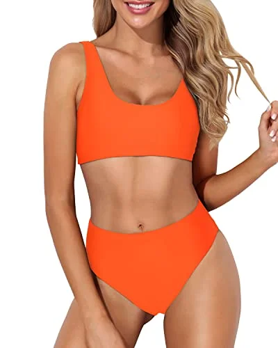 Two Piece Scoop Neck Bikini High Waisted Bottoms For Long Torso-Neon Orange