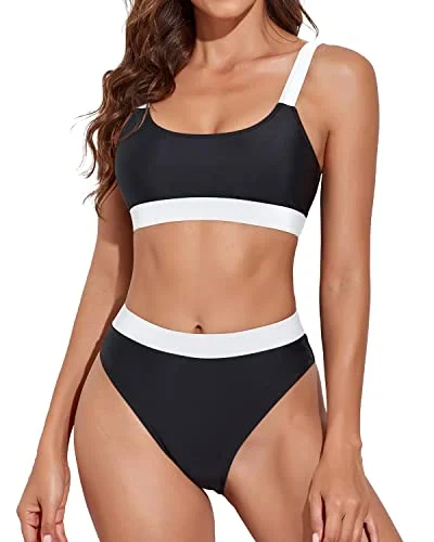 Women Two Piece Bikini Swimsuits Bottoms High Rise Athletic Bikini-Black And White