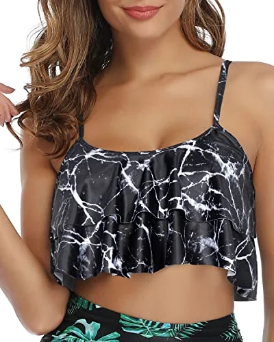 Sturdy Adjustable Bra Style Swimsuit Tank Top For Women-Black Marble